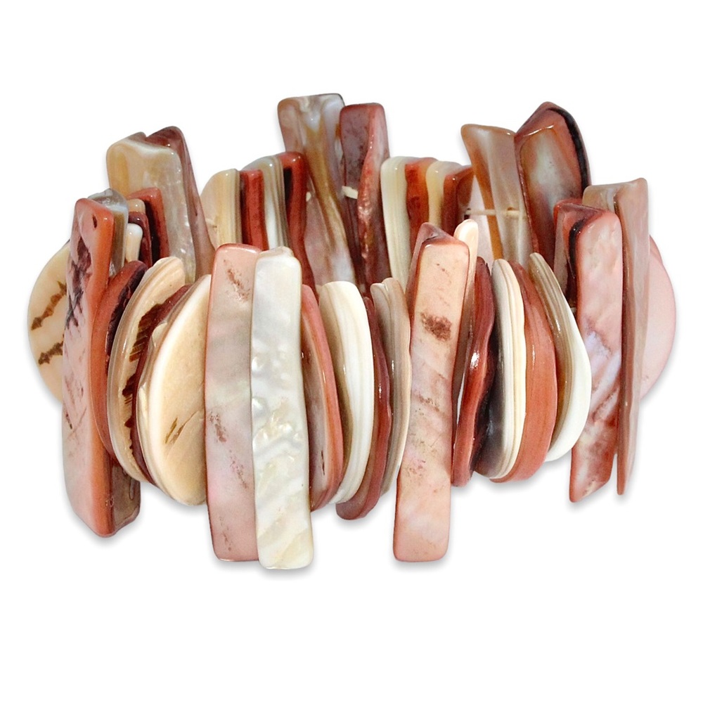 Vintage Mother of Pearl Stretch Bracelet Brown & Cream Large Wide Shell Slices